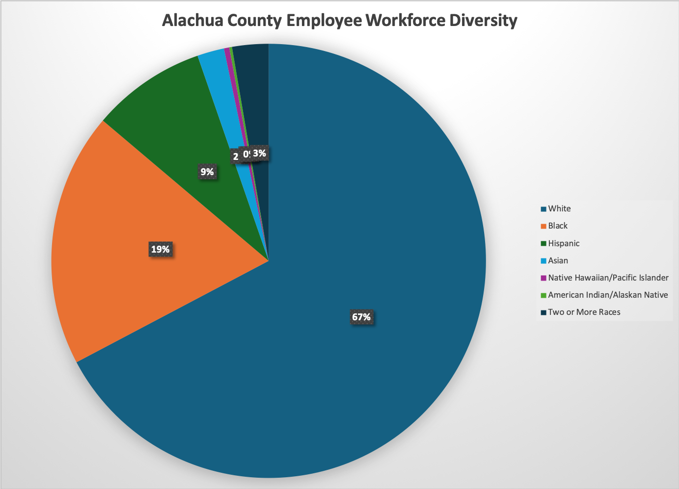 Pie chart displaying Alachua County's workforce diversity: 70% white, 20% black/African American, 6% Hispanic, 1% Asian, 1% Native Hawaiian/Pacific Islander, 0% American Indian/Alaskan Native, 2% Two or more races