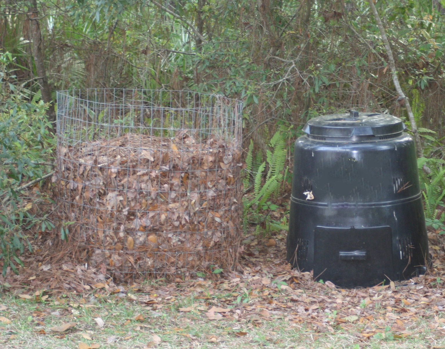 Two different types of backyard composters. One is a wire bin, the other is plastic.