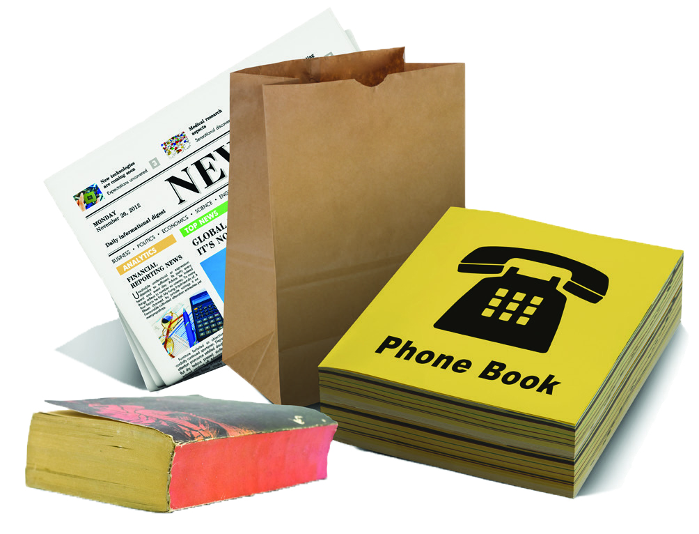 Newsprint, paper bag Phonebooks and paperback book for recycling.