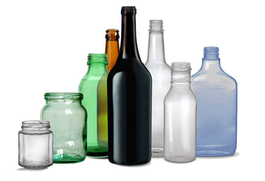Glass bottles and jars that are acceptable for recycling.
